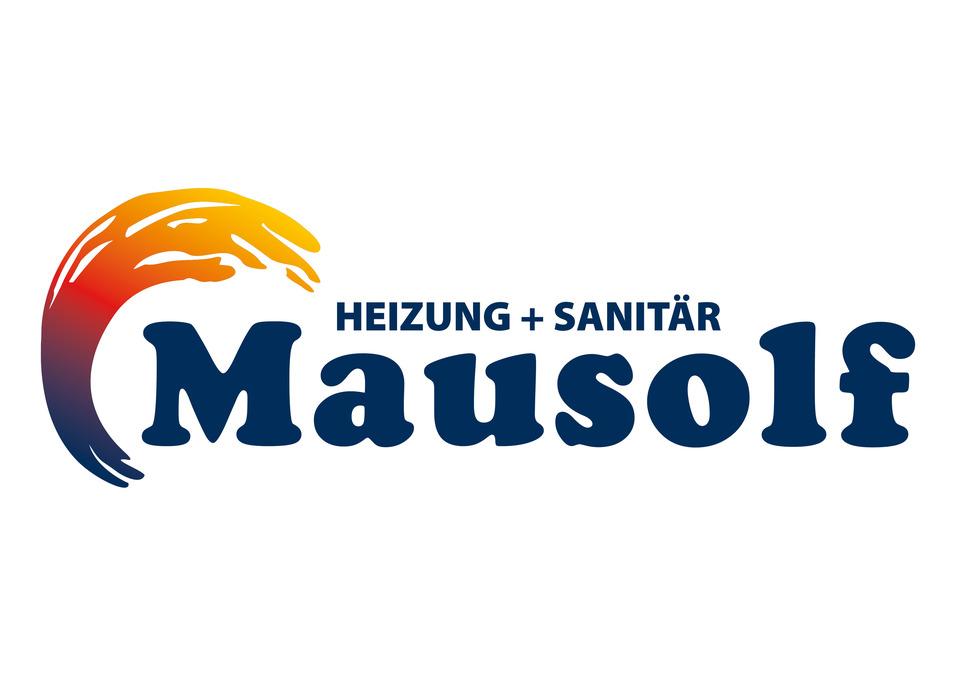 Firmenlogo Heizung und Sanit&auml;r Mausolf_blaue Schrift mit blau-ro-gelber Wasserwelle