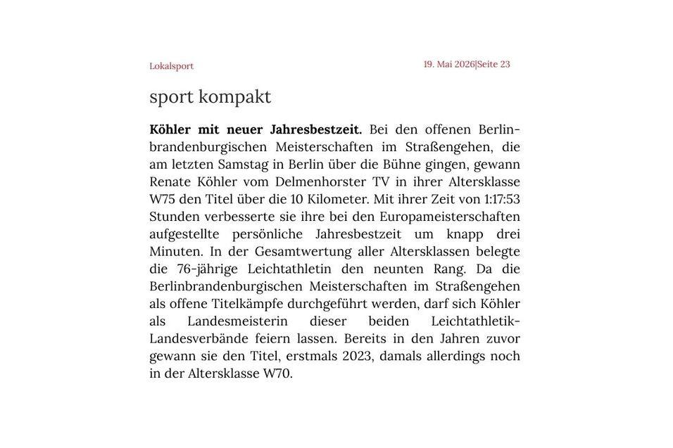 Zeitungsartikel Delmenhorster Kreisblatt-DTV Leichtathletin Koehler mit neuer Jahresbestzeit